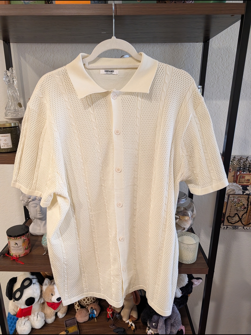 Coprary Cream Knit Short-Sleeve Button-Down Shirt